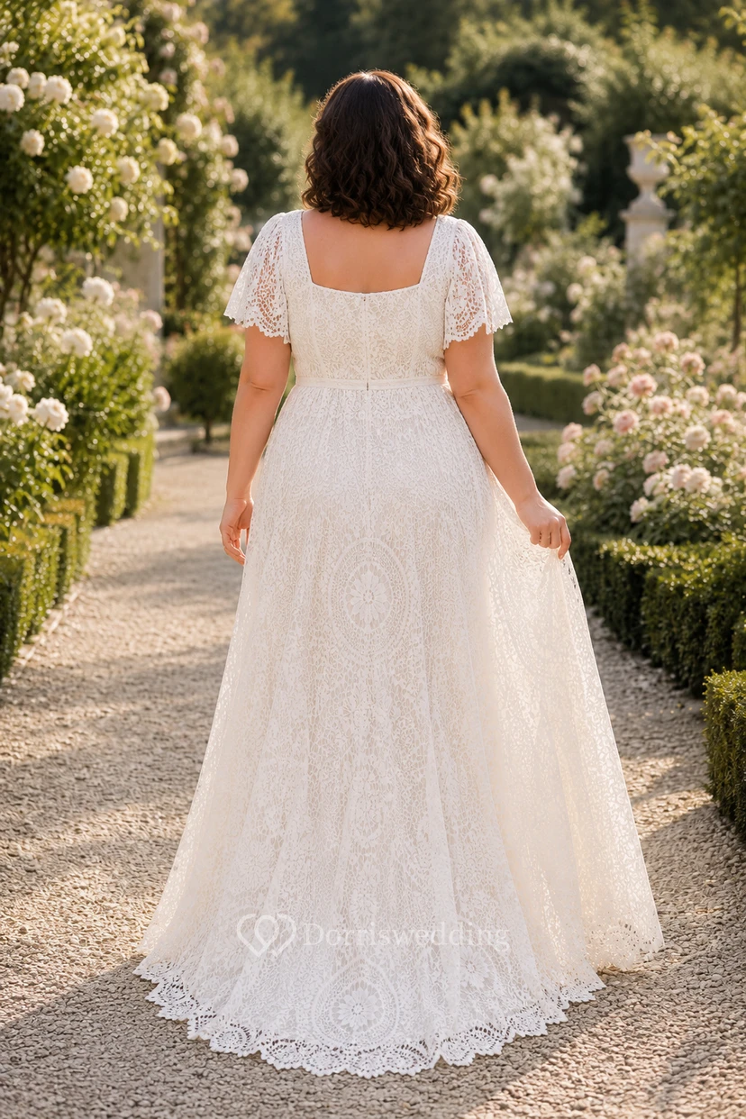 Robe de mariée grande taille en dentelle, coupe trapèze, col carré et manches courtes, style jardin. view 2