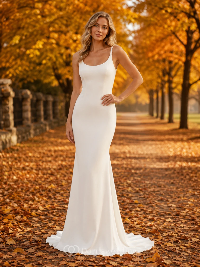 Simple Autumn Square Neck Crepe Sheath Wedding Dress