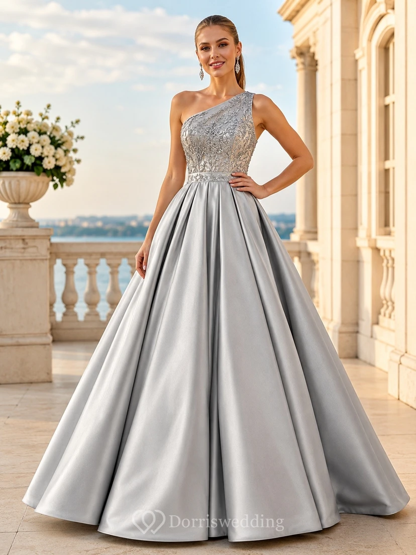 Silver Square Neck Sleeveless Satin Black Trim Ball Gown Dress