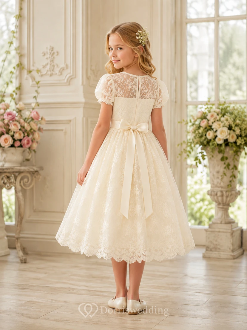 Vintage Blumenmädchenkleid in A-Linie mit Spitze, Rundhalsausschnitt, Puffärmeln, Muschelsaum und Schleife, teelang view 2