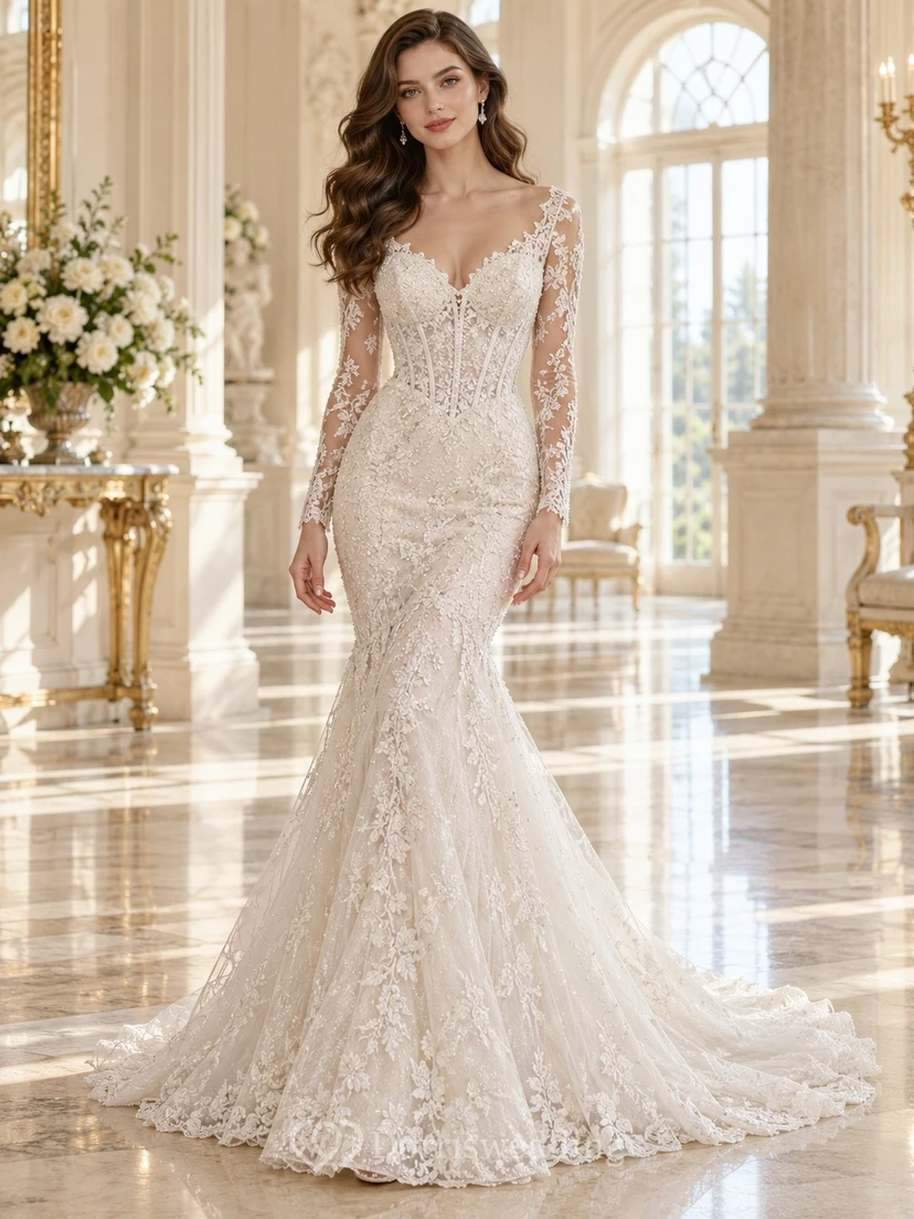 Long Sleeve Mermaid Corset V-neck Floral Lace Chapel Train Wedding Dress