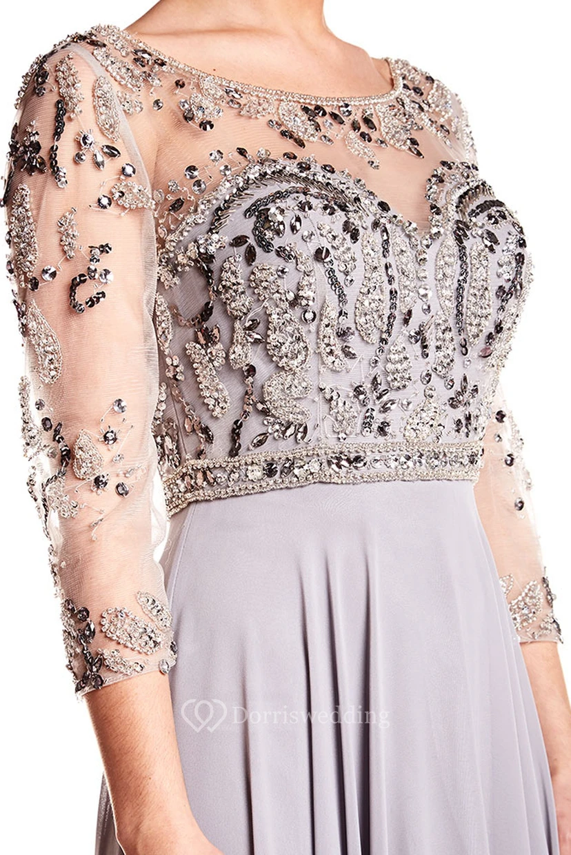 Maxi Long Sleeve Beaded Scoop Neck Chiffon Prom Dress With Illusion Back view 4