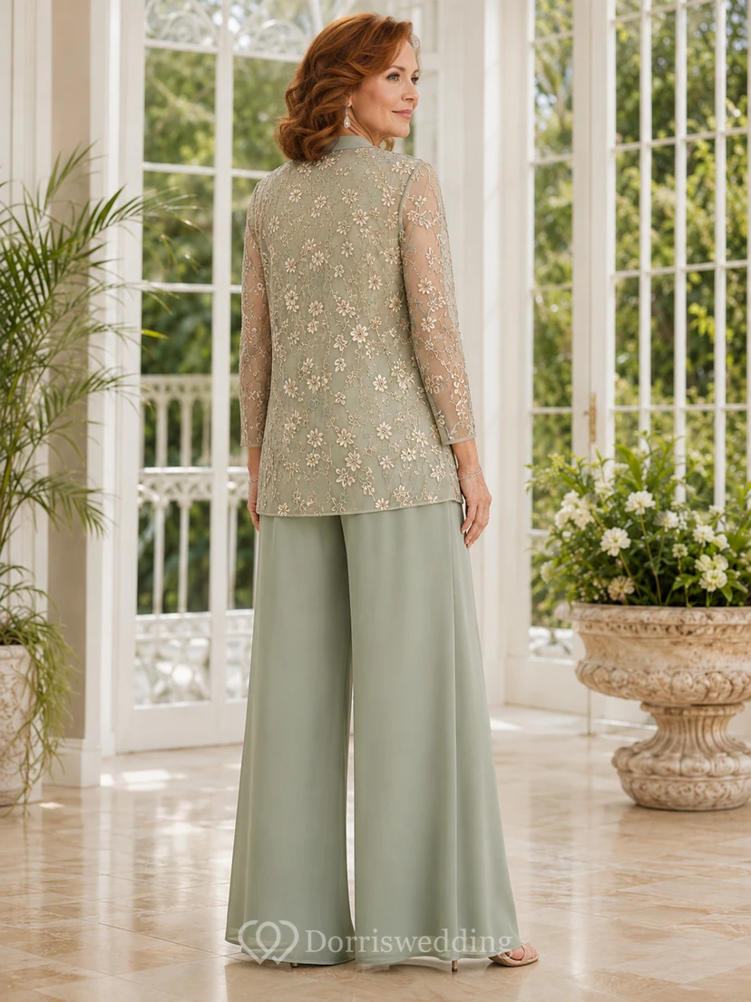 Salbeigrüner, romantischer Hosenanzug mit Kontrastblumenmuster, Dreiviertelärmeln, langem Blazer und weitem Bein – perfekt für die Mutter der Braut. view 2