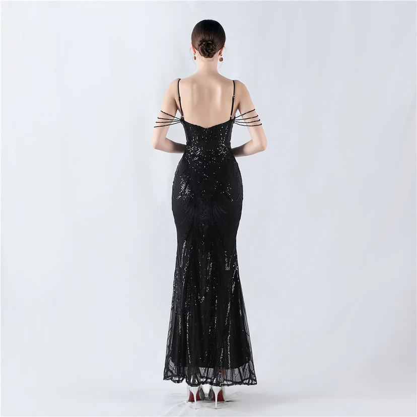 Waist-Reduced Fishbone Shaping Positioning Flower Sequined Anchor Sexy Beaded Suspender Evening Dress view 36