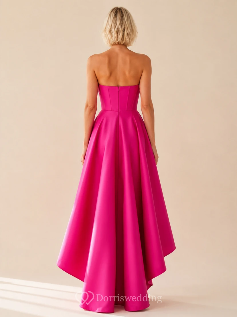 Robe de cocktail fuchsia bustier en satin asymétrique view 2
