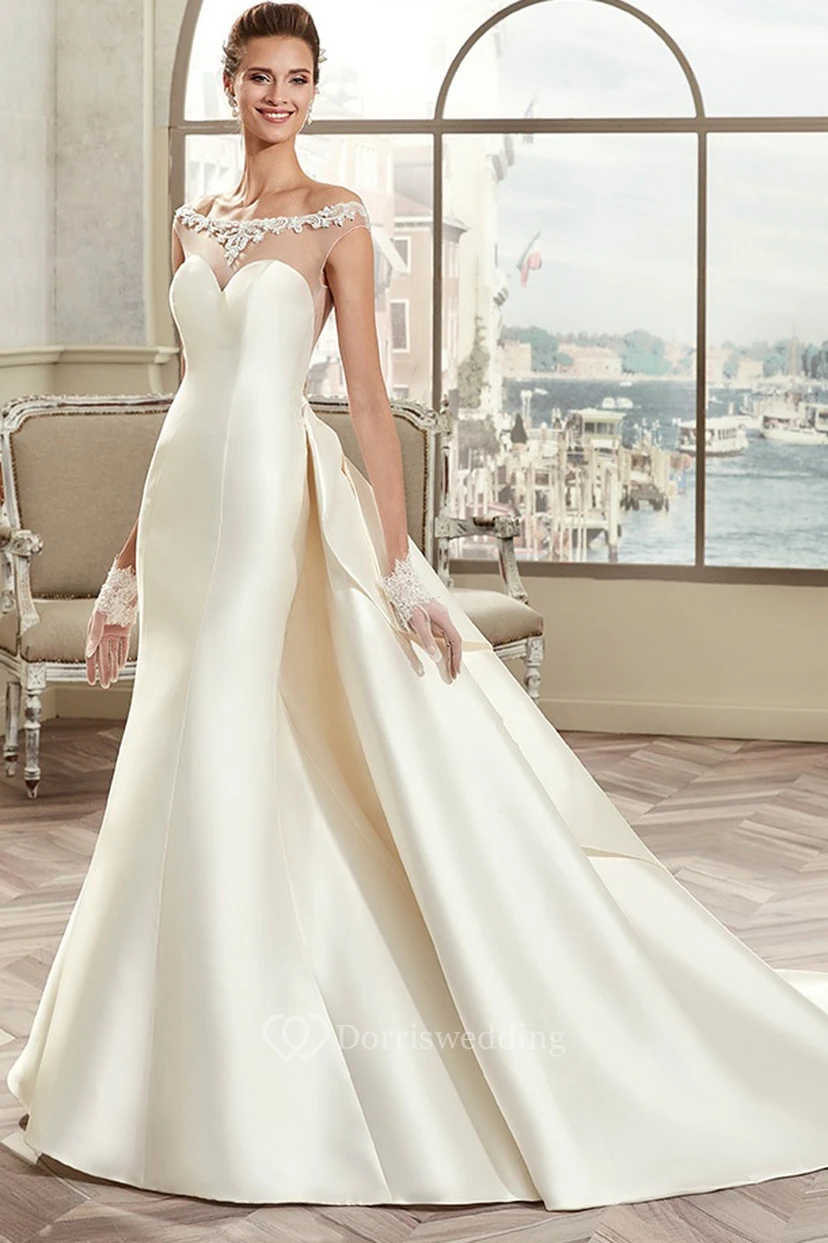 Off-Shoulder Satin Long Wedding Dress With Illusive Design And Back Bow