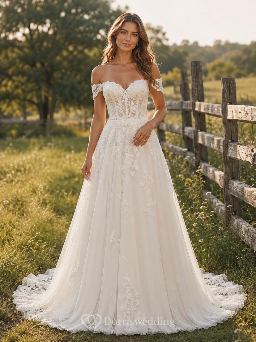 Brautkleid im Landhausstil mit Spitze, A-Linie, schulterfrei, Schleppe und tiefem V-Ausschnitt am Rücken