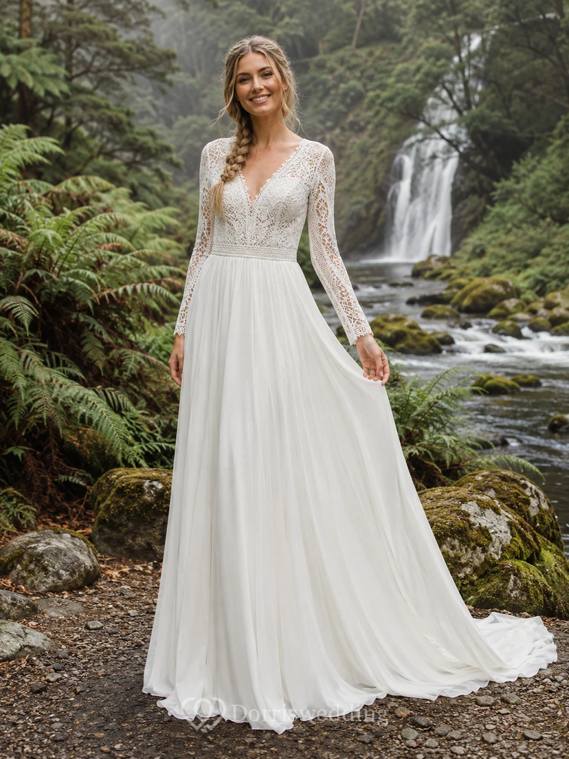 Robe de mariée en mousseline de soie à manches longues et col en V, coupe trapèze, traîne chapelle, en dentelle et avec effet cascade