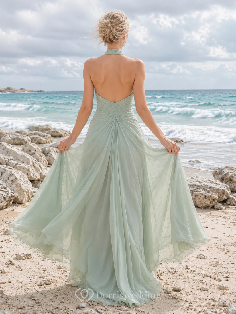Sage Halter Ruched Chiffon Beach Bridesmaid Elopement Dress view 2