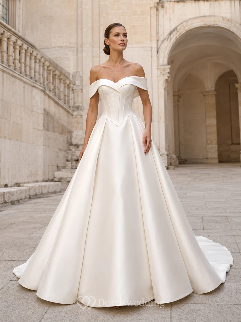 Robe de mariée minimaliste en satin, robe de bal à épaules dénudées et traîne.