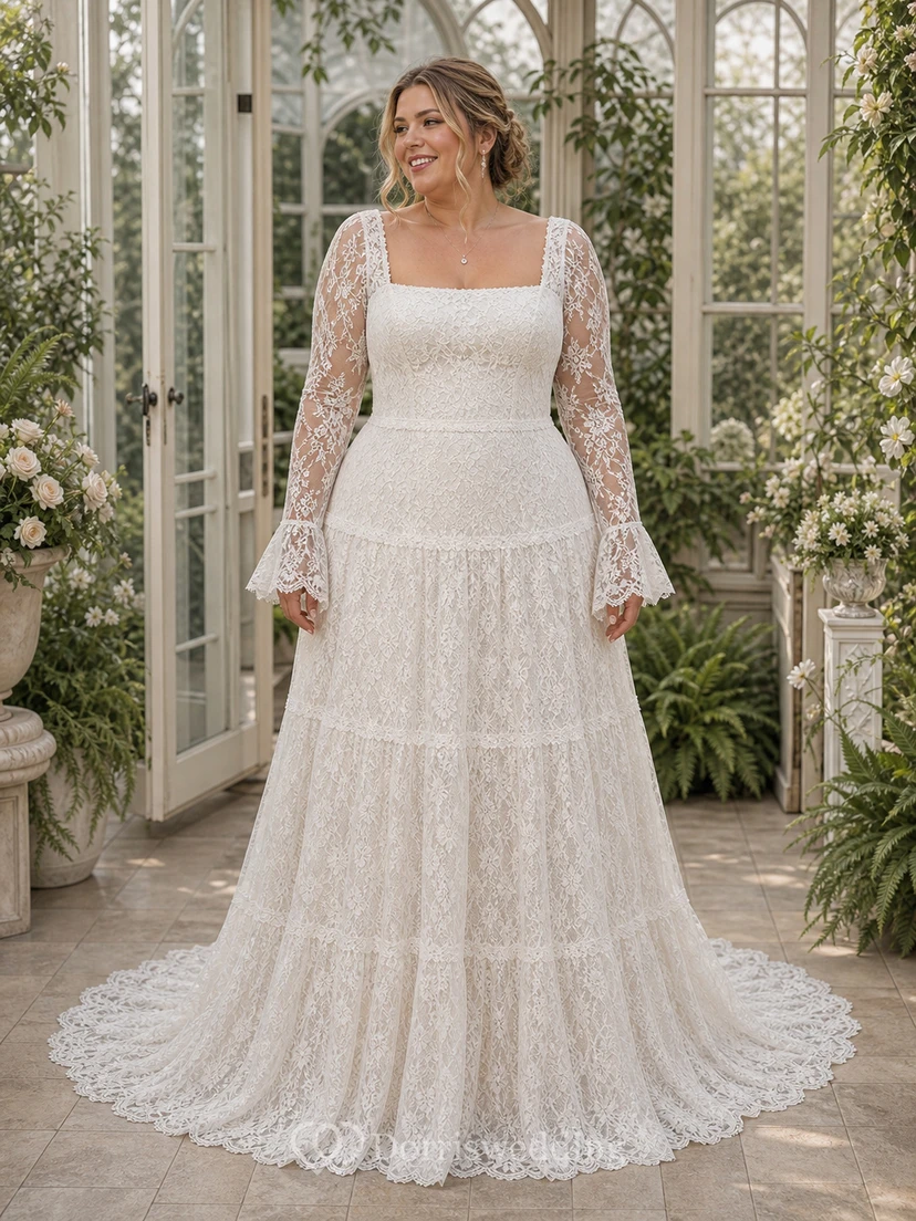 Vintage Boho Lace Wedding Dress with Square Neckline, Long Sleeves & Tiered A-Line Skirt view 4