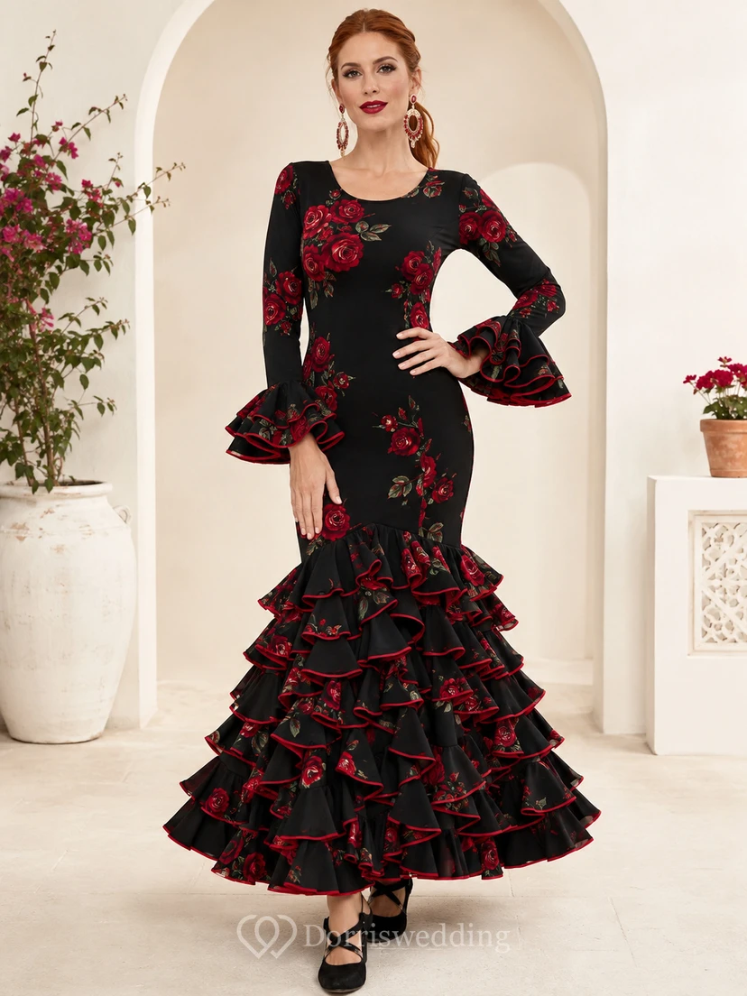 Robe flamenco à imprimé roses noires et rouges, col rond, manches longues évasées, coupe sirène à volants, longueur cheville