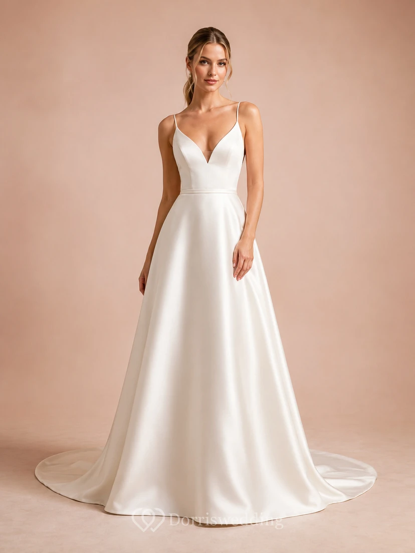 Simple Satin Plunging V-Neck Studio A-Line Bridal Gown