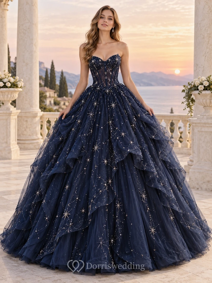 Fairy Navy trägerloses, gestuftes Ballkleid mit Herzausschnitt und Sternenstickerei