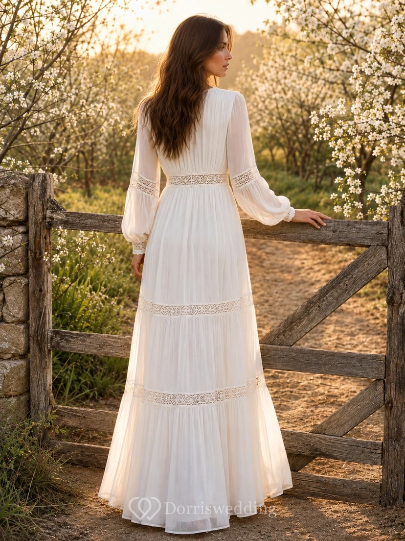 Vestido de campo blanco de gasa con escote en V y manga larga hasta los tobillos view 2