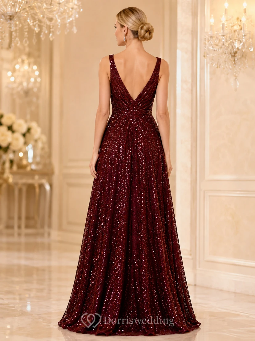 Burgunderfarbenes Pailletten-Abendkleid in A-Linie mit V-Ausschnitt view 2