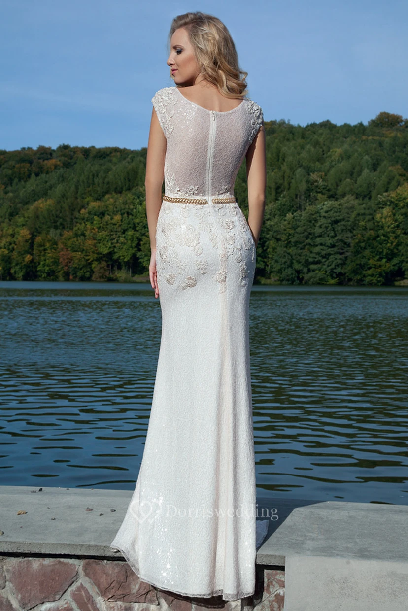 Pencil Appliqued Sleeveless Long Queen-Anne Lace Prom Dress With Illusion Back view 2