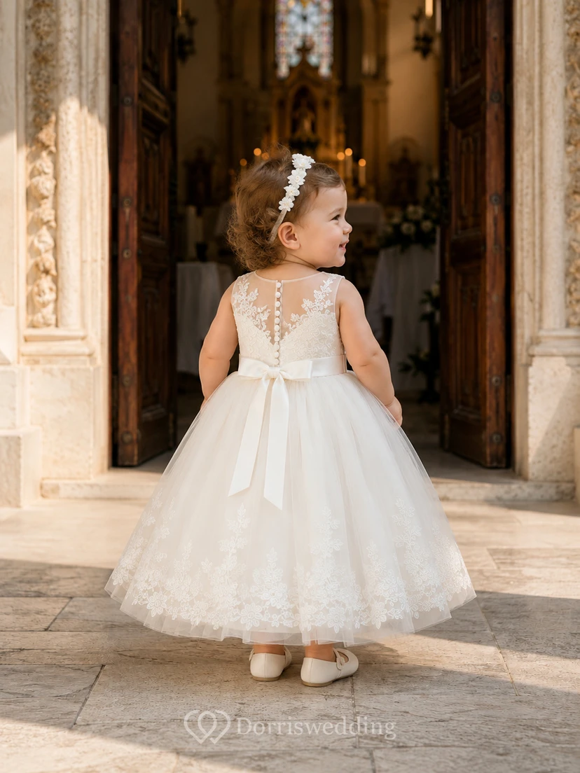 Robe élégante en dentelle sans manches, coupe trapèze, idéale pour une cérémonie religieuse ou un baptême de bébé. Romantique et ravissante, en tulle orné de bijoux, longueur thé. view 2
