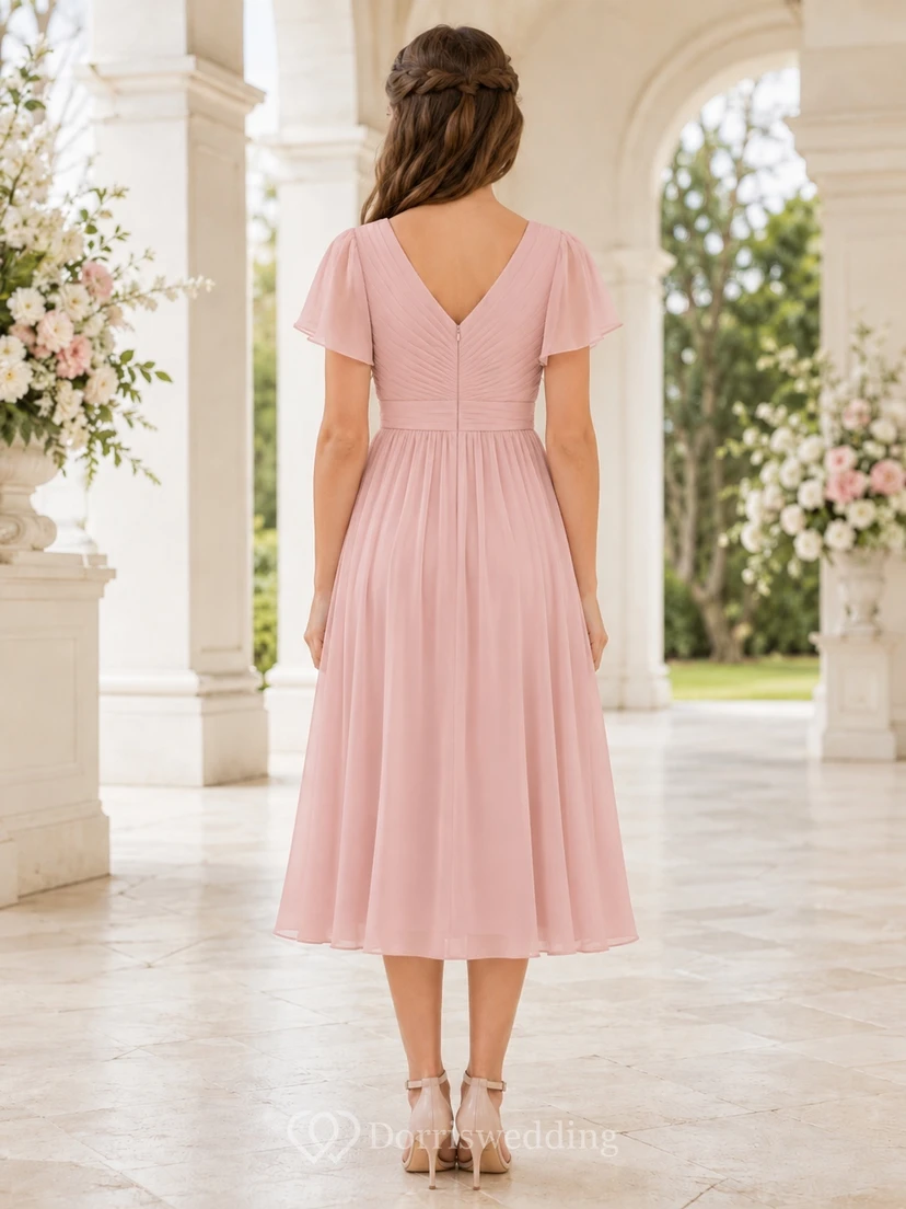 Zartrosa Brautjungfernkleid für junge Damen, A-Linie, V-Ausschnitt, kurze Ärmel, plissiert view 2