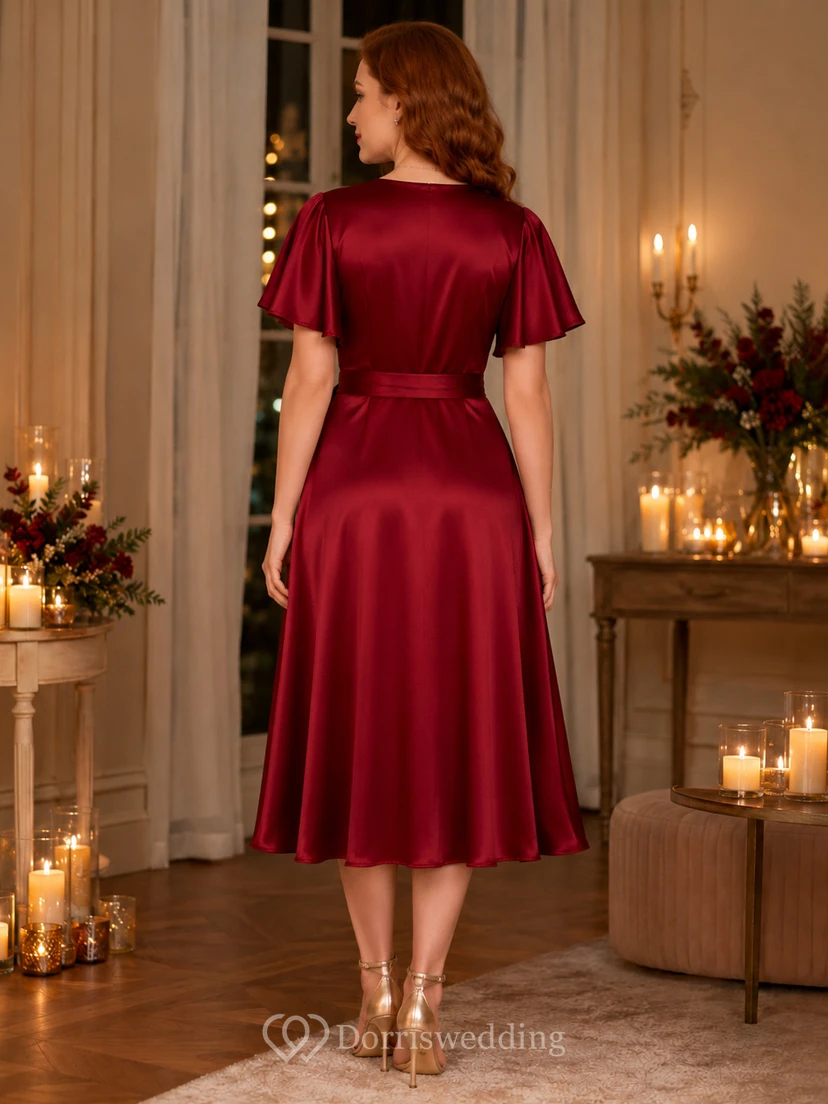 Red Flutter Sleeve Satin A Line Holiday Party Dress view 2