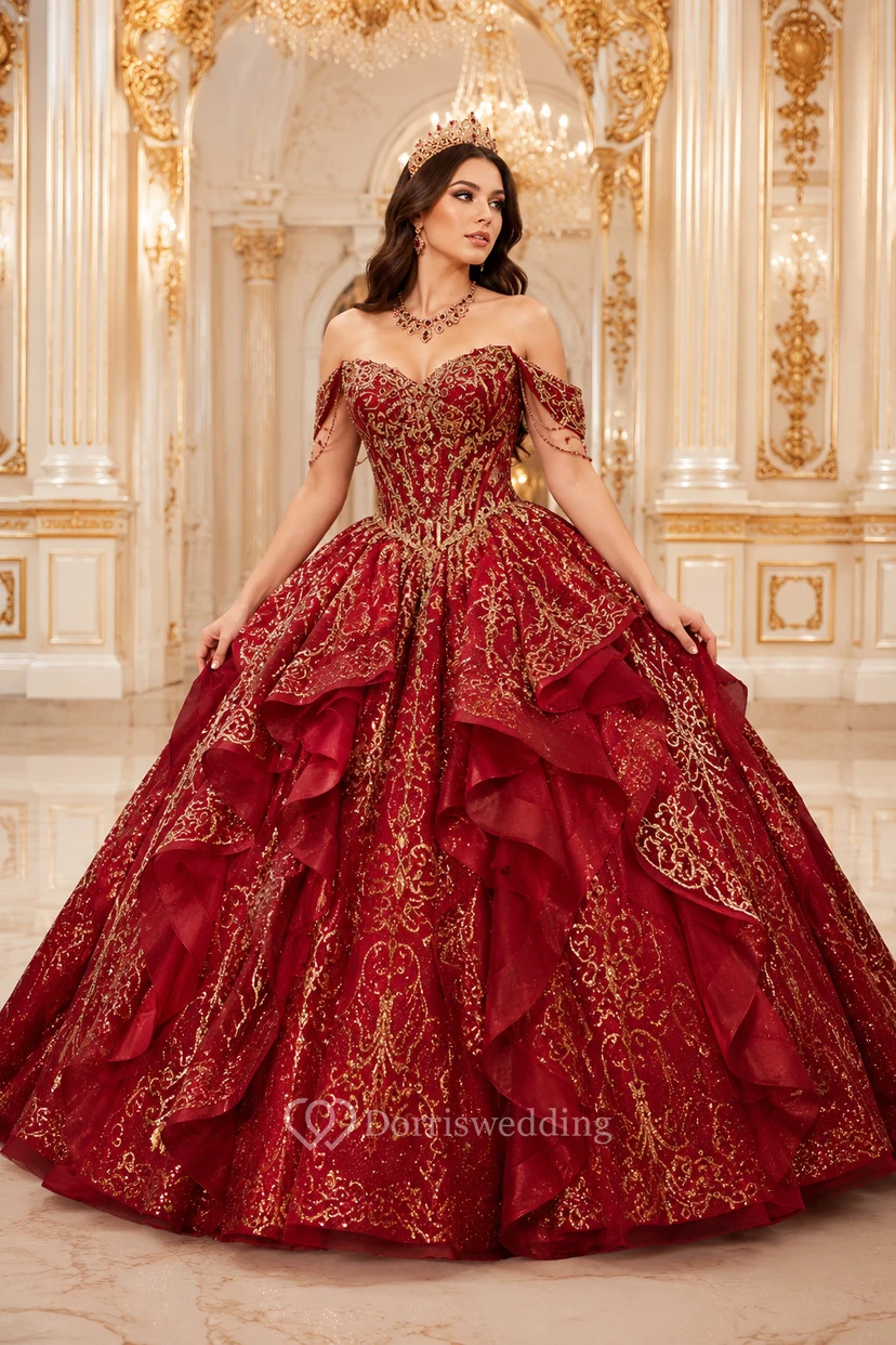Red and Gold Embroidered Ball Gown Quinceanera Dress with Tiered Skirt