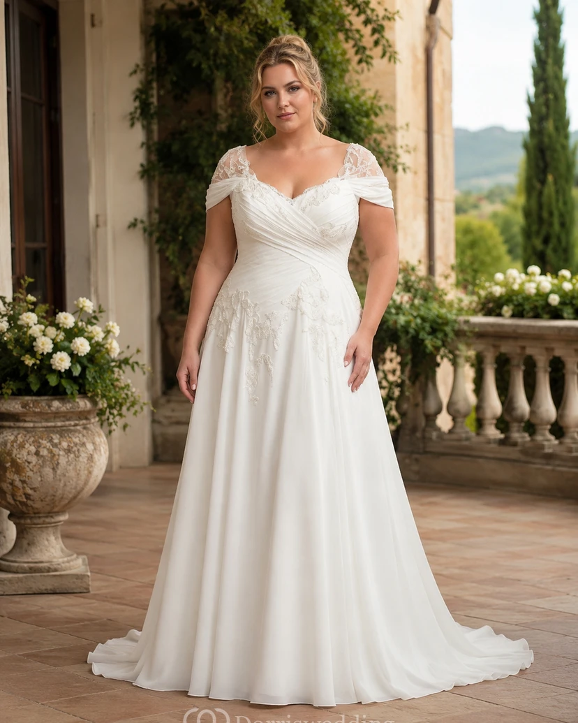 Robe de mariée trapèze en mousseline de soie à imprimé empire et appliques, ornée d'un bonnet croisé view 3
