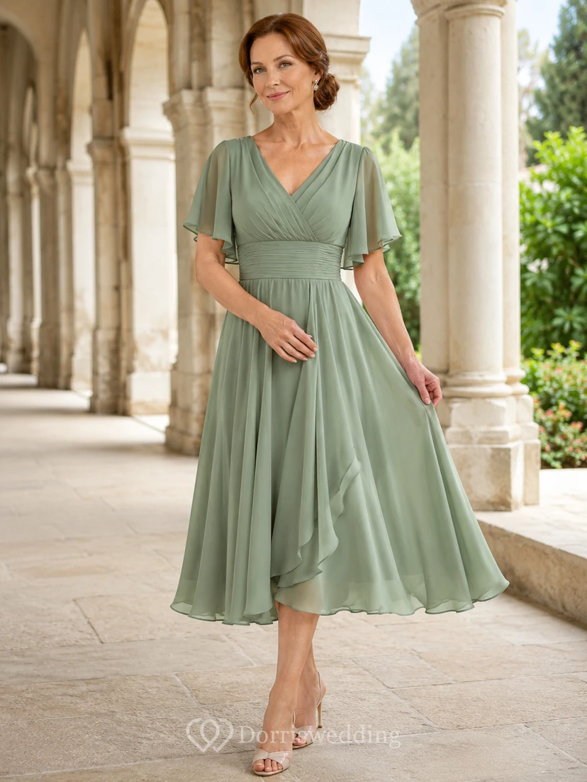 Robe mère en mousseline de soie couleur sauge, col V, longueur thé, coupe trapèze