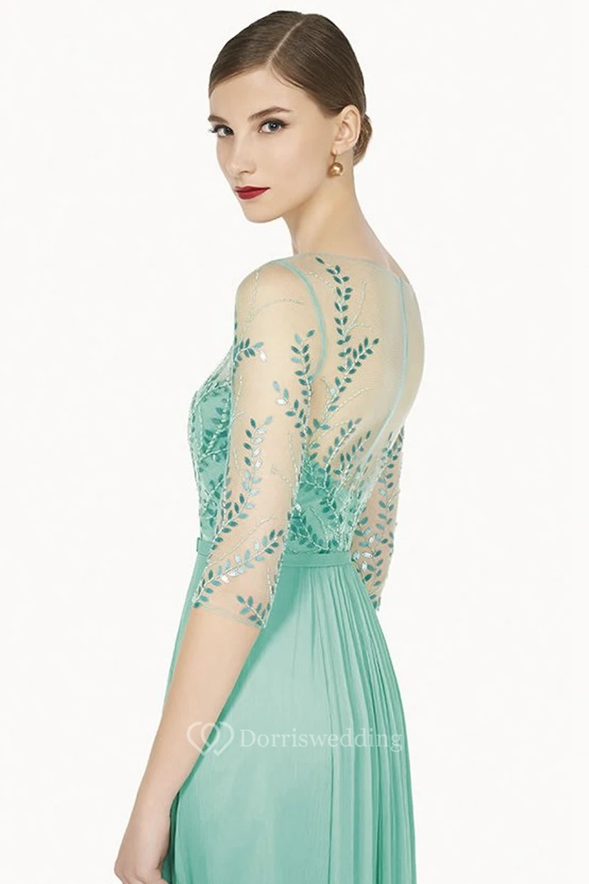 Bateau Tulle Half Sleeve A-Line Chiffon Long Prom Dress With Sequins And Bow view 2