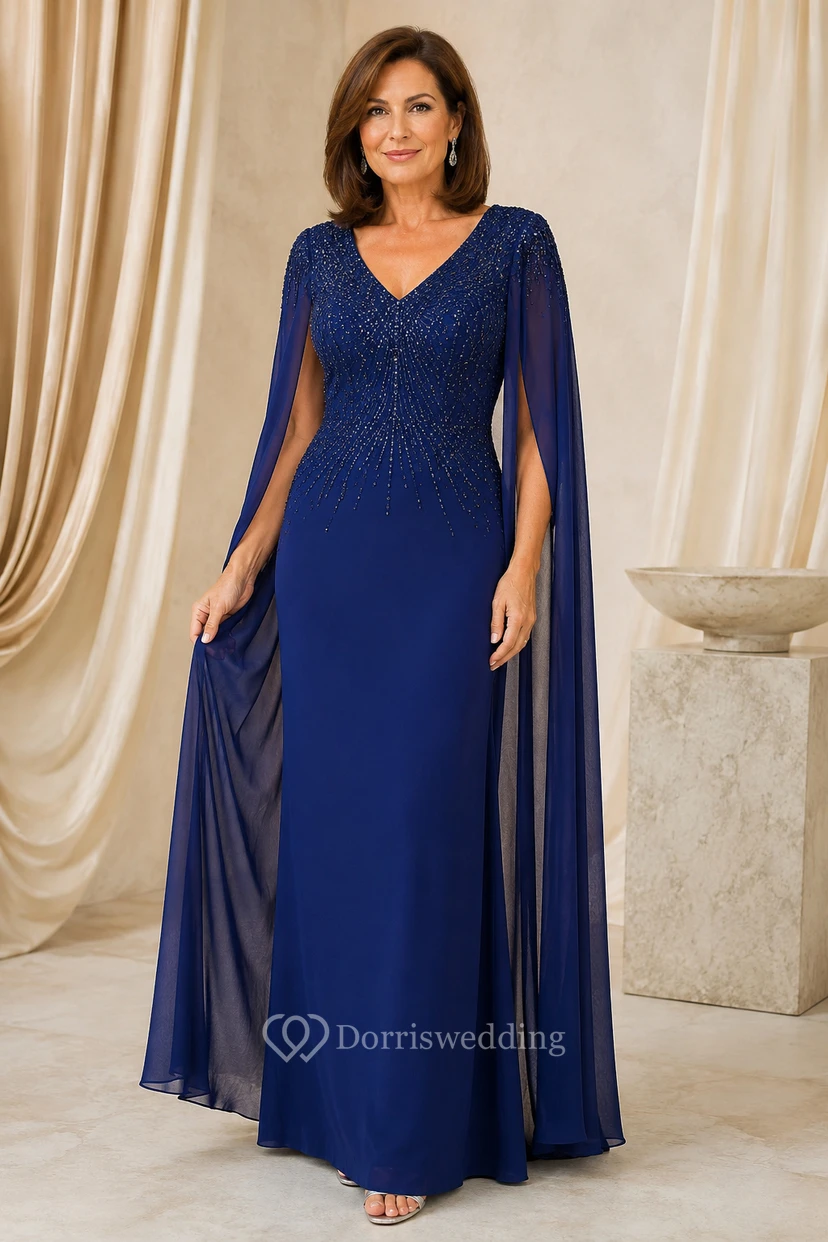 Marineblaues Mutterkleid mit V-Ausschnitt und transparenten Cape-Ärmeln