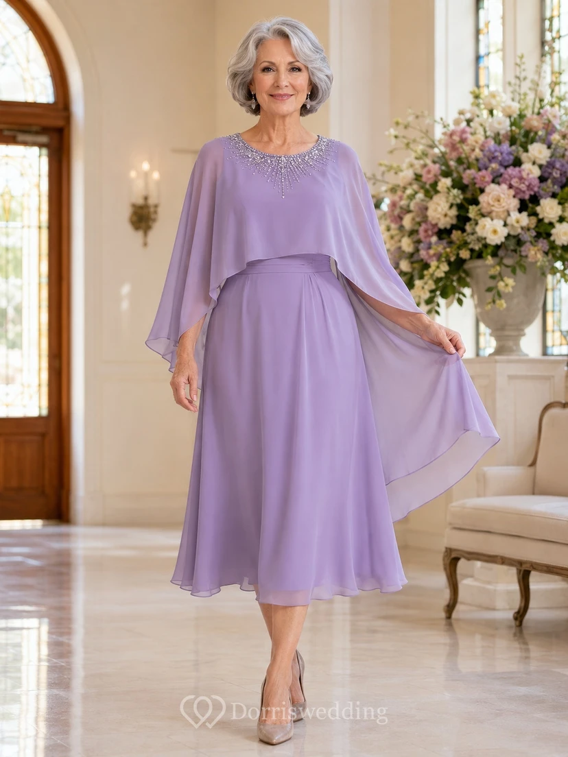 Lavendelfarbenes Chiffonkleid mit drapierten Ärmeln, Teelänge, A-Linie, romantisch und dezent – perfekt für die Mutter