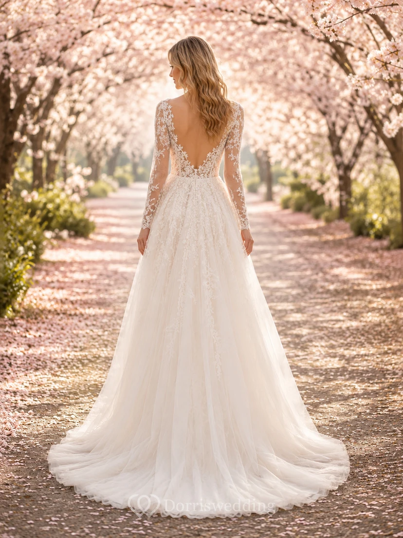 Vestido de novia bohemio de corte A con mangas de encaje y estampado de flores de cerezo view 2