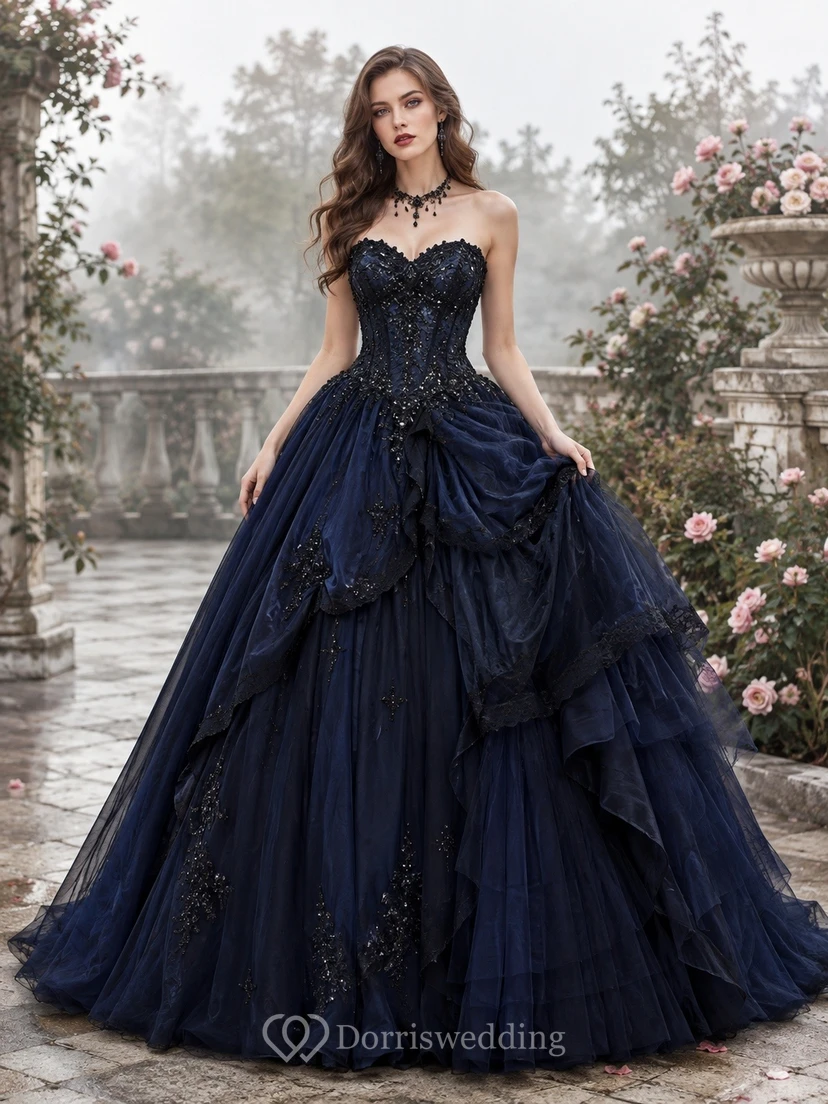 Dark Navy Sweetheart Sleeveless Tiered Tulle Ball Gown Floor-Length Prom Dress