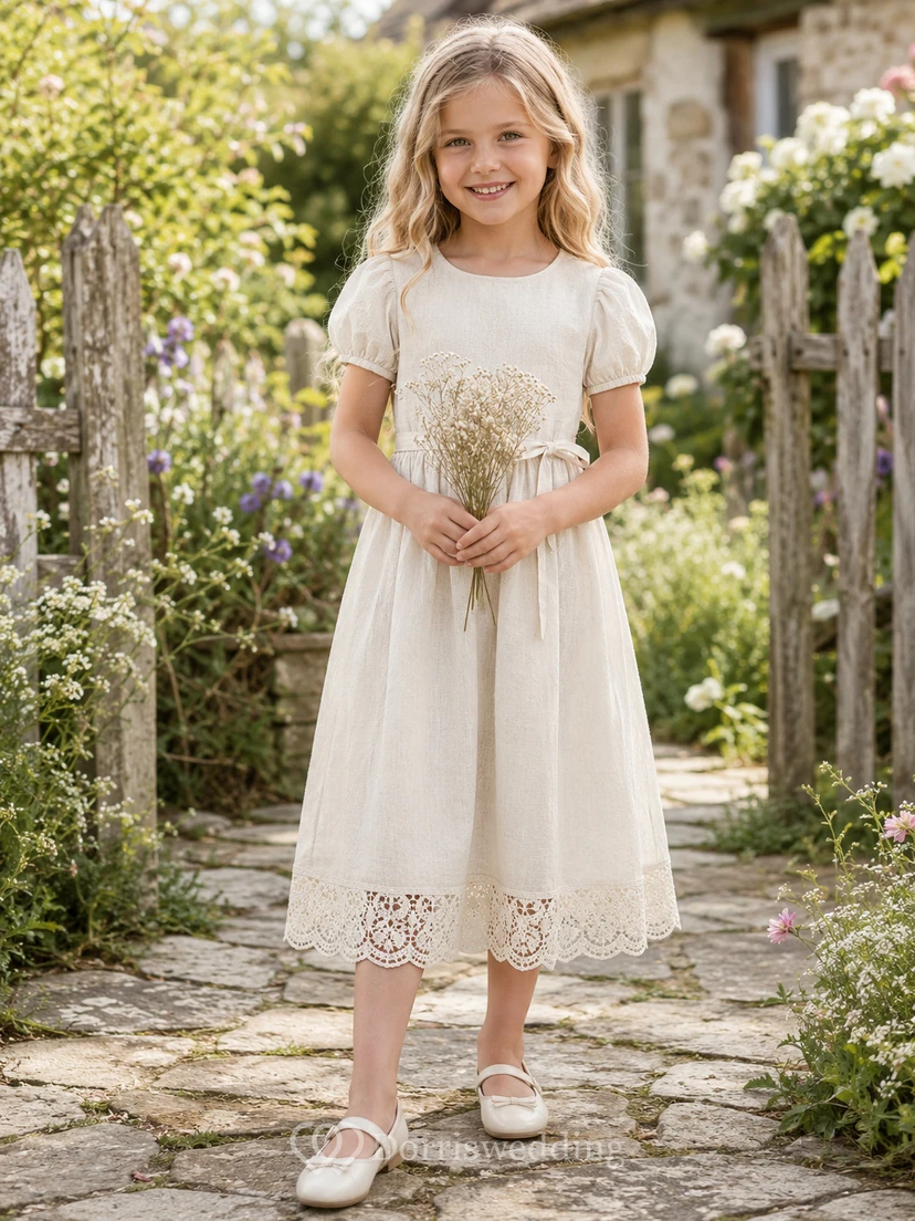 Flower Girl Dress Ivory Cotton Lace A-Line Short Sleeve Scoop Neck Tea Length