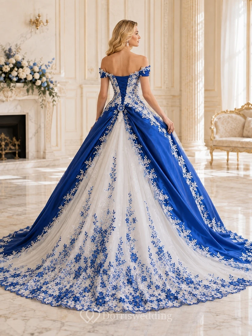 Königsblaues, drapiertes Ballkleid mit schulterfreiem Schnitt und kurzen Ärmeln aus Satin – romantisches Brautkleid view 2