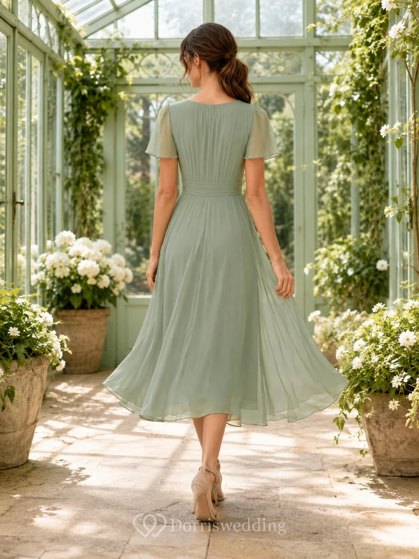 Elegant Sage V-Neck Flutter Sleeve Chiffon Tea-Length A-Line Garden Guest Dress view 2