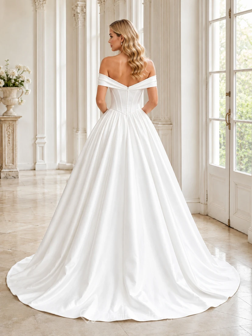 Robe de bal de luxe blanche en satin à épaules dénudées et traîne courte view 2