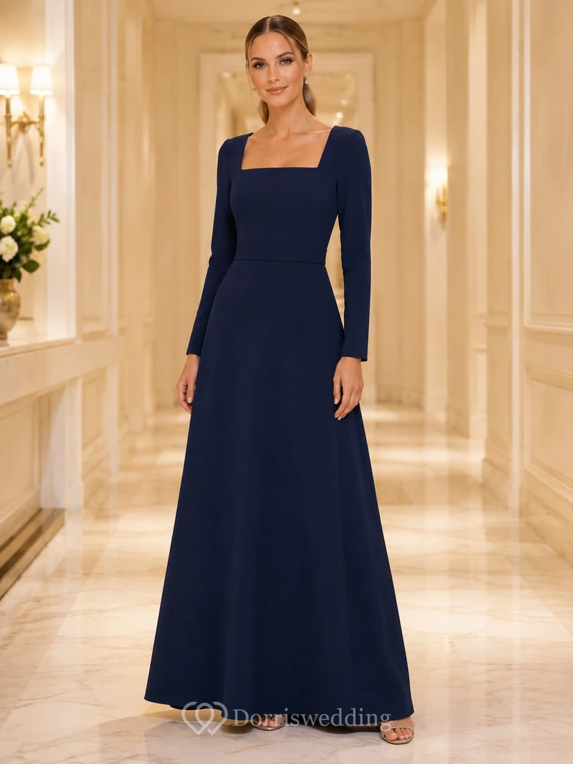 Vestido de noche clásico de crepé azul marino oscuro, manga larga, corte en A, largo hasta el suelo, para madres.