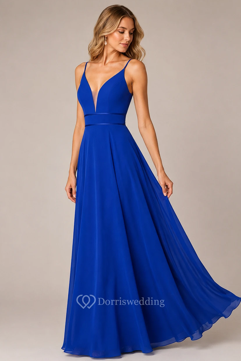 Robe de demoiselle d'honneur longue en mousseline, coupe trapèze, col en V, sans bretelles, ornée d'un ruban et d'un décolleté en V plongeant. view 12
