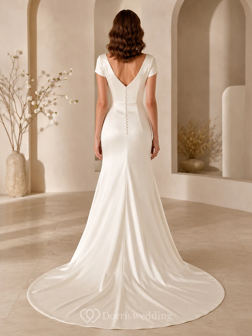 Simple Satin Wedding Mermaid V Neck Short Sleeves Button Sweep Train view 2