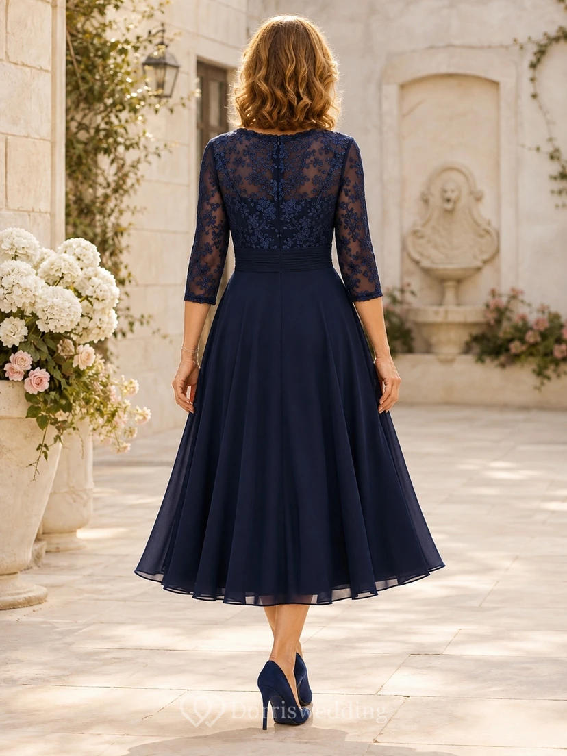 Dark Navy Lace Three Quarter Sleeve Tea-Length A-Line Dress view 2