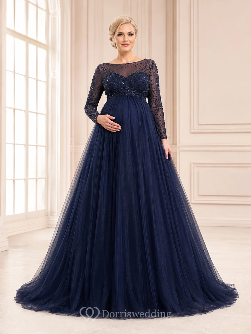 Navy Maternity Ball Gown Floor-Length Bateau Long-Sleeve Tulle Modest Dress