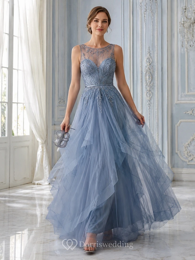 Vestido largo hasta el suelo de corte A con tul y escote ilusión azul acero vintage y cuentas