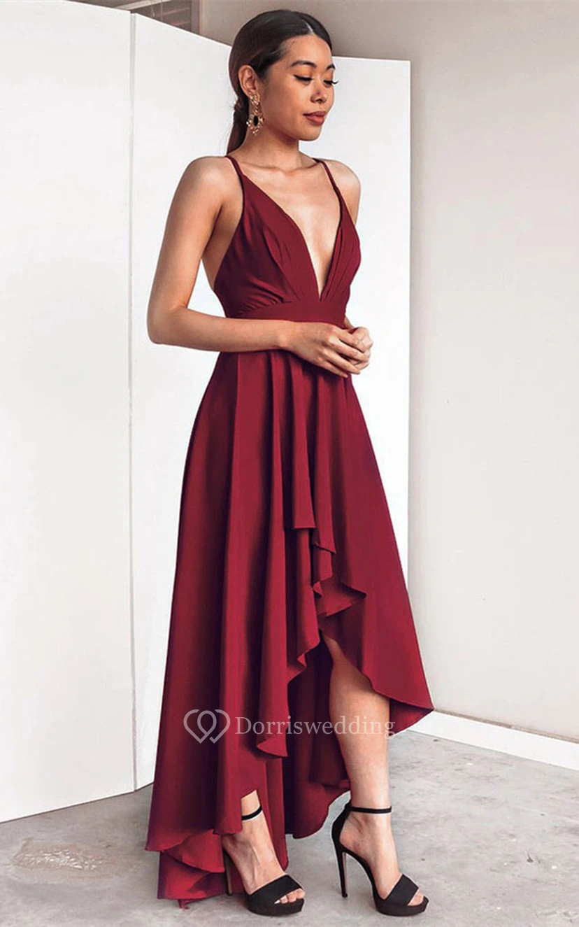 High-Low Sexy A Line Plunging Neck Evening Dress view 3
