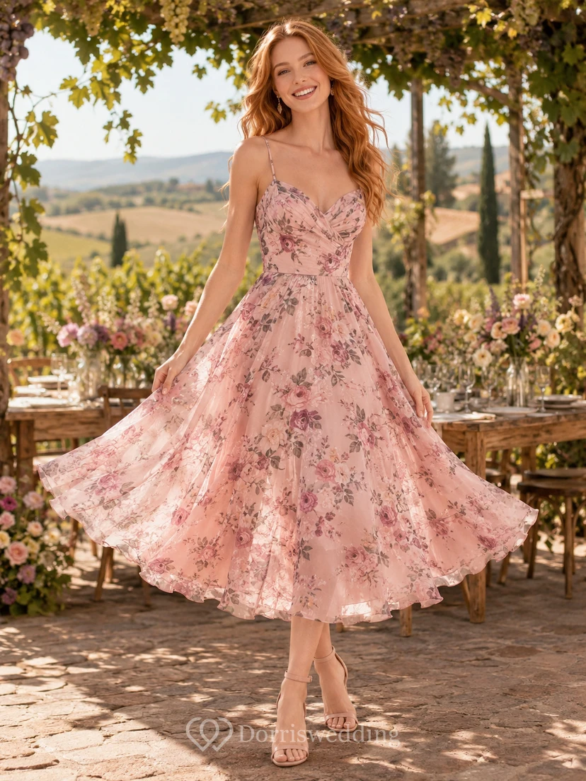 Blushing Pink Countryside Vineyard Wedding Guest Bridesmaid Cocktail Formal Dress A-Line Tea-Length Strapless Sweetheart Neck Sleeveless Organza Tulle Floral Print Embroidered Zipper Back