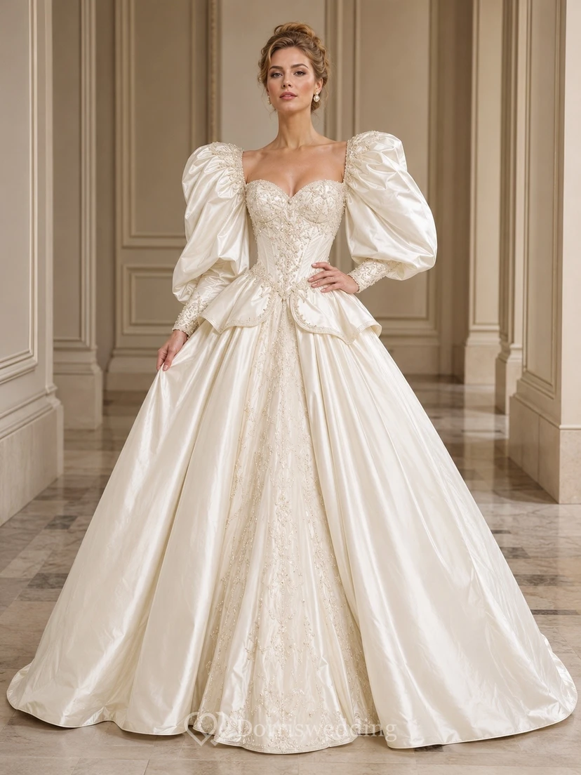 Vestido de novia de gala, elegante y modesto, con escote cuadrado, de estilo vintage.