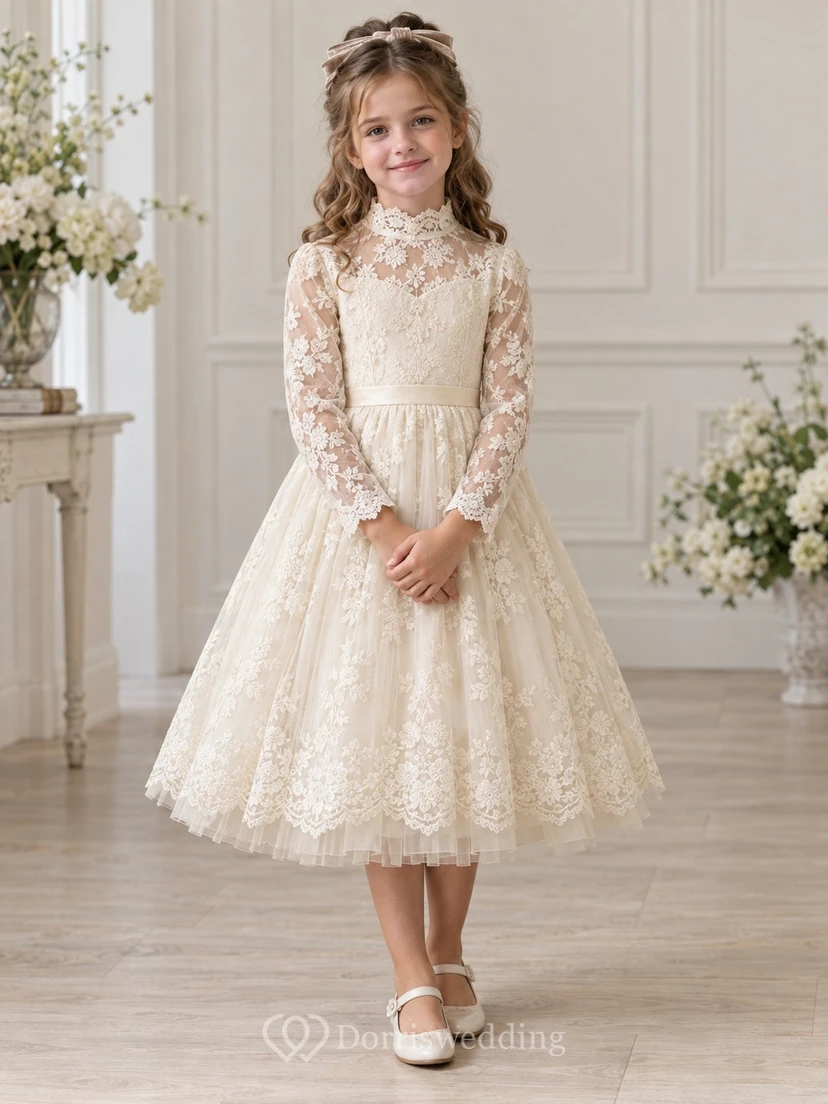 Tea-length High Neck Long Sleeve Ivory Floral A-Line Lace Scalloped Flowergirl Dress