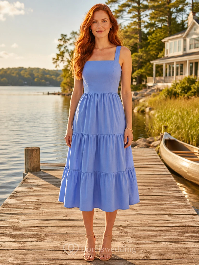 Sky blue tiered strap lake house party midi dress