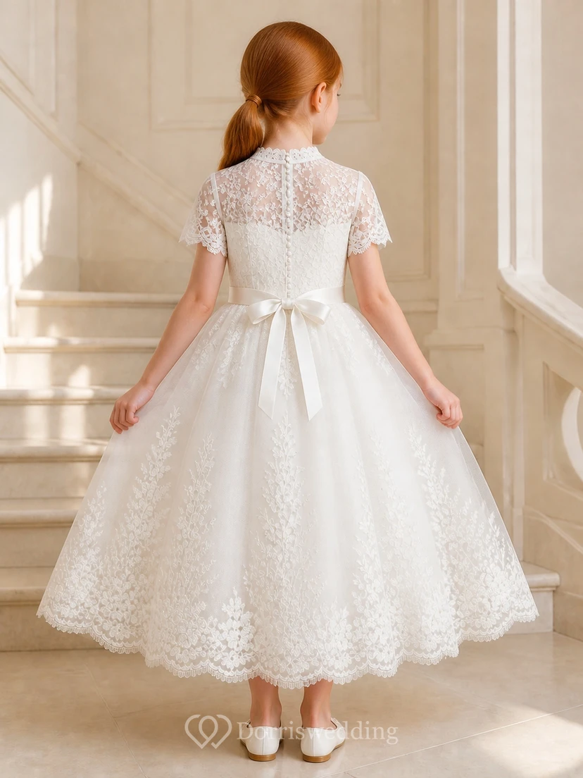 Modest Flower Girl Tea-length A-Line High Neck Lace Dress view 2
