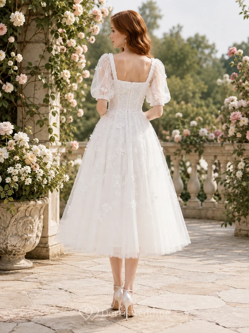 Robe de soirée blanche à col carré, manches bouffantes courtes et application florale, coupe trapèze, longueur thé, manches bouffantes courtes et encolure carrée view 2