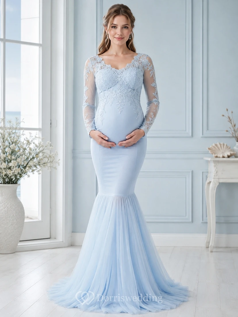 Sky Blue Long-Sleeve Illusion Lace-Spandex Empire-Waist Maternity Mermaid Gown
